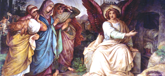 Religious painting of the Nativity: Mary seated with the baby Jesus in a manger, angels nearby as shepherds and visitors approach.