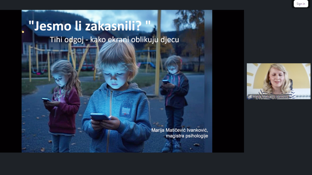 Three children on a playground at dusk, each looking at smartphones; Croatian title 'Jesmo li zakasnili?' with subtitle 'Tihi odgoj - kako ekranI oblikuju djecu'; author Marija Matičević Ivanković (magistra psihologije).