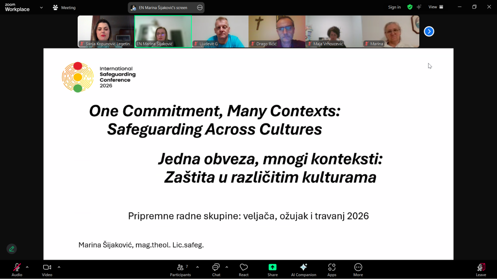 Zoom meeting with a slide deck: title 'One Commitment, Many Contexts: Safeguarding Across Cultures' and a circular logo on the left corner; speaker deck visible in main area of screen.