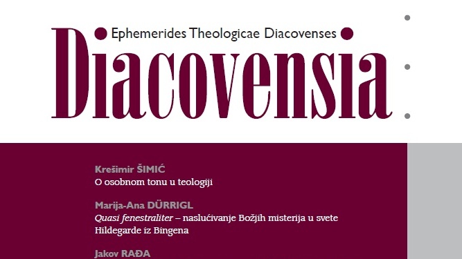 Cover of the Diacovensia academic theology journal, featuring a large burgundy title on white with a maroon sidebar listing article titles and authors.