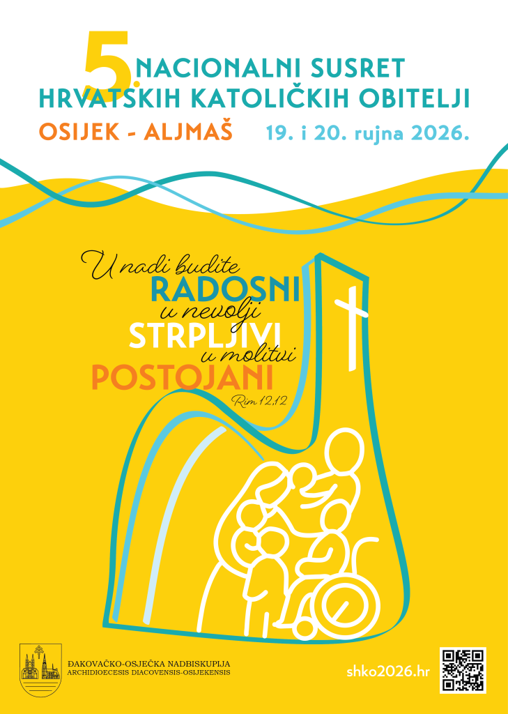 Poster announcing 5th National Meeting of Croatian Catholic Families in Osijek-Aljma&scaron;, September 19&ndash;20, 2026; yellow design with abstract waves and church imagery.