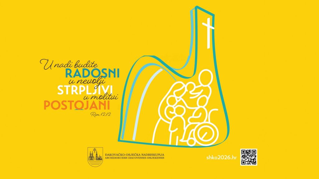 Bright yellow poster with a stylized church outline enclosing a white line drawing of a family; Croatian text and a QR code at the bottom.