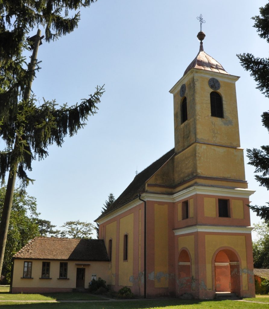 Yellow church tower with a copper roof and clock faces, framed by evergreen trees under a clear blue sky.