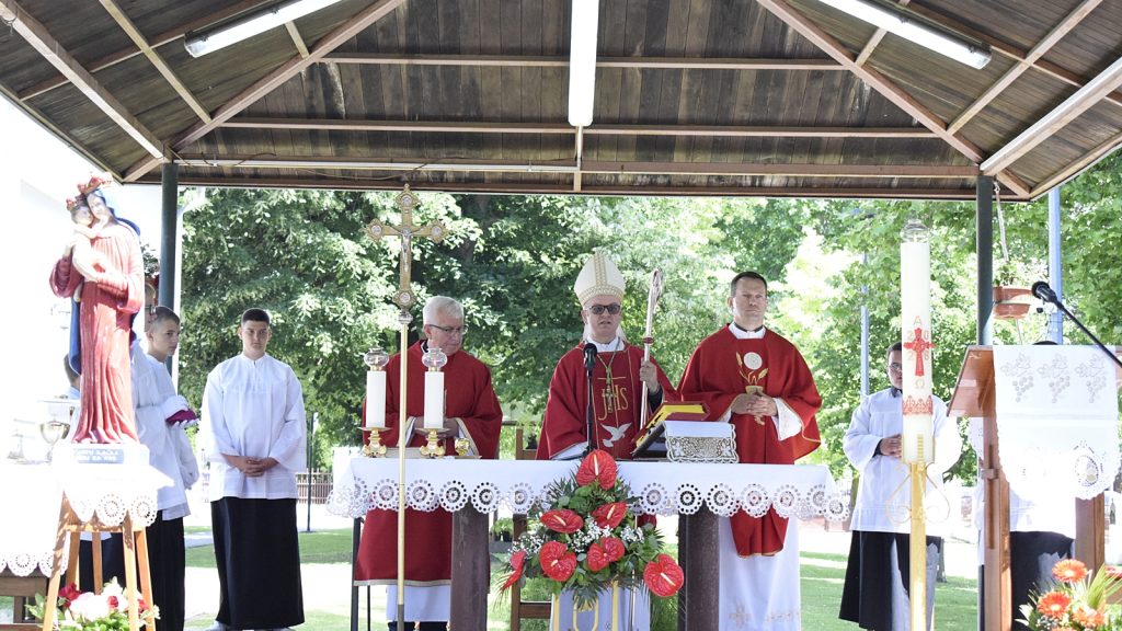 Outdoor Catholic Mass under a wooden canopy with a bishop in a mitre officiating at an ornate altar with candles and flowers, and a statue of Mary and child to the left.