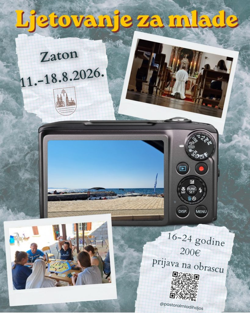 Poster collage advertising 'Ljetovanje za mlade' with a camera, photos, and torn notes over a blue marbled background, hinting at youth travel.