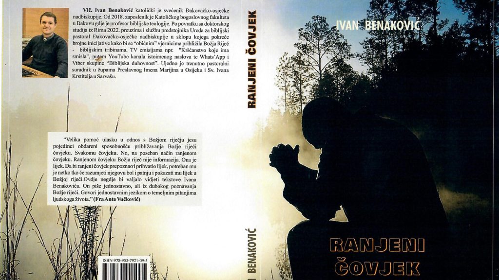 Book cover for 'Ranjeni Čovjek' by Ivan Benaković, showing a dark silhouette of a kneeling man in a forest at dusk with trees and a gradient sky; author name on the right.