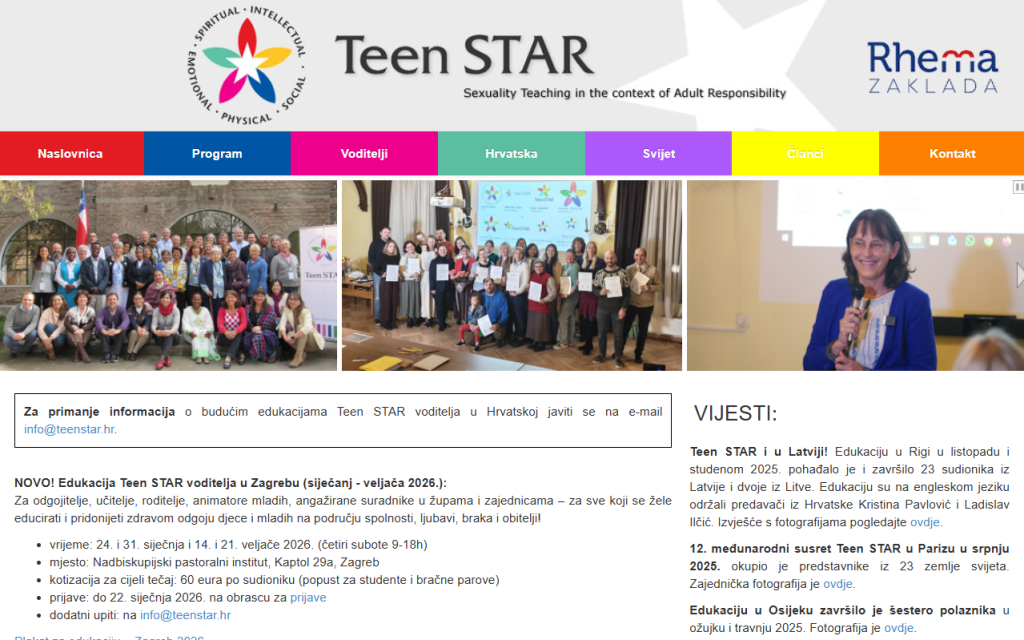 Collage on Teen STAR site showing group photos from events and a woman speaking at a conference, with colorful navigation above and logos in the header.