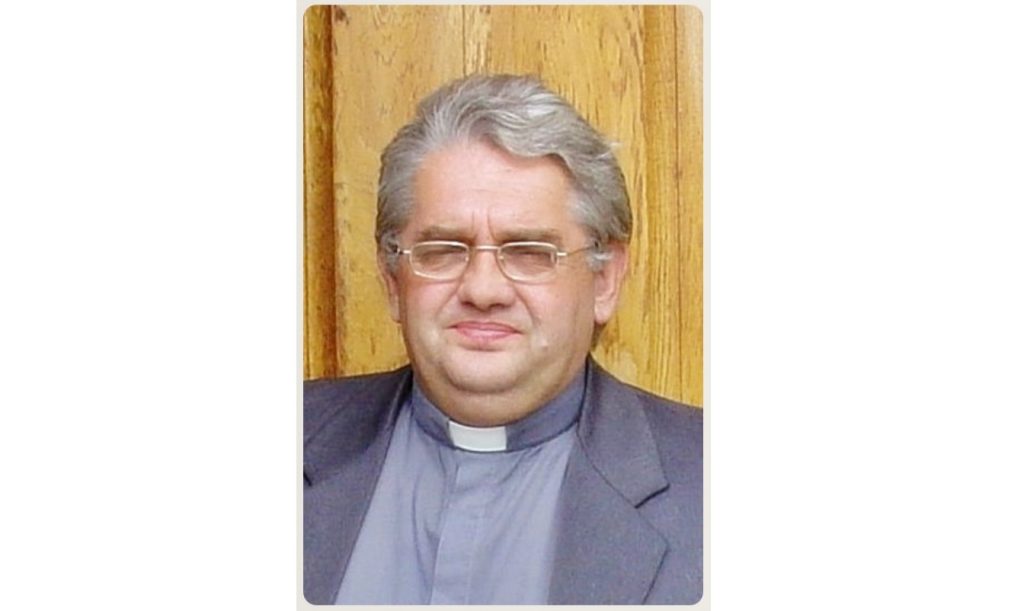 Priest with gray hair and glasses wearing a clerical collar, posed against a wooden background.