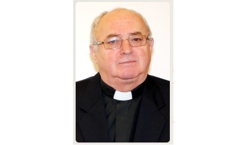Portrait of an older man in a black suit with a white clerical collar, facing the camera.