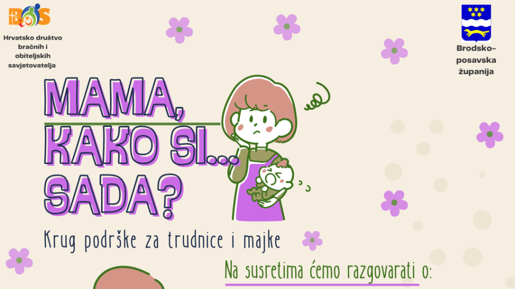 Poster for a circle of support for pregnant women and mothers, featuring a cartoon mother holding a baby amid purple flowers.