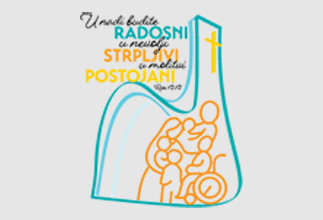 Logo-style illustration for a Croatian charity featuring a teal church with a cross and orange family figures, conveying joy, patience, and perseverance. It includes Croatian words like 'RADOSNI', 'STRPLJIVOST', and 'POSTOJAN!'.