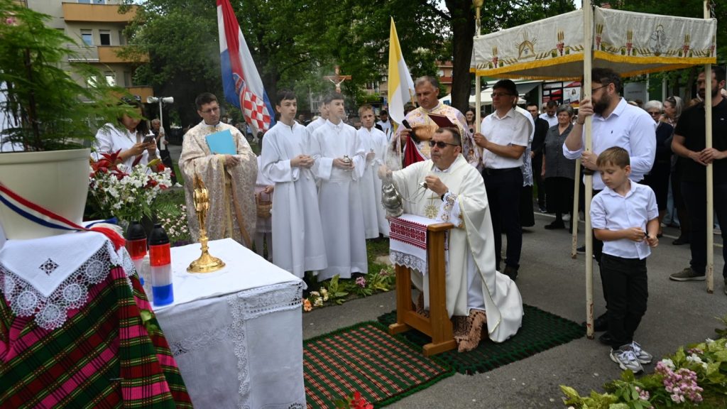 Outdoor Catholic religious ceremony with a priest blessing actions near an altar, surrounded by altar servers in white robes and a gathered crowd.