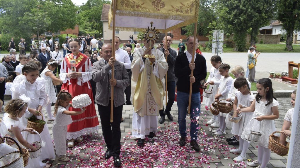 Clergy under a gold canopy leading a religious procession; children in white distribute rose petals.