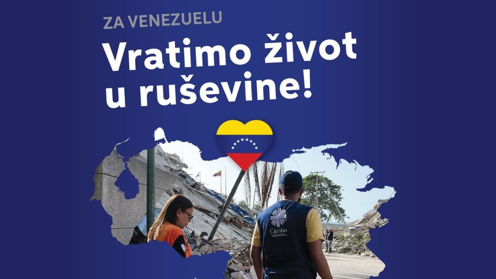 Poster urging help for Venezuela: volunteers amid rubble, a heart‑shaped flag over a map of Venezuela, bold rescue campaign text on a blue background.