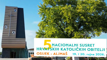 Modern wooden tower on the left and a large tree on the right with a banner for the 5th National Meeting of Croatian Catholic Families in Osijek&ndash;Aljma&scaron;, Sept 19&ndash;20, 2026.