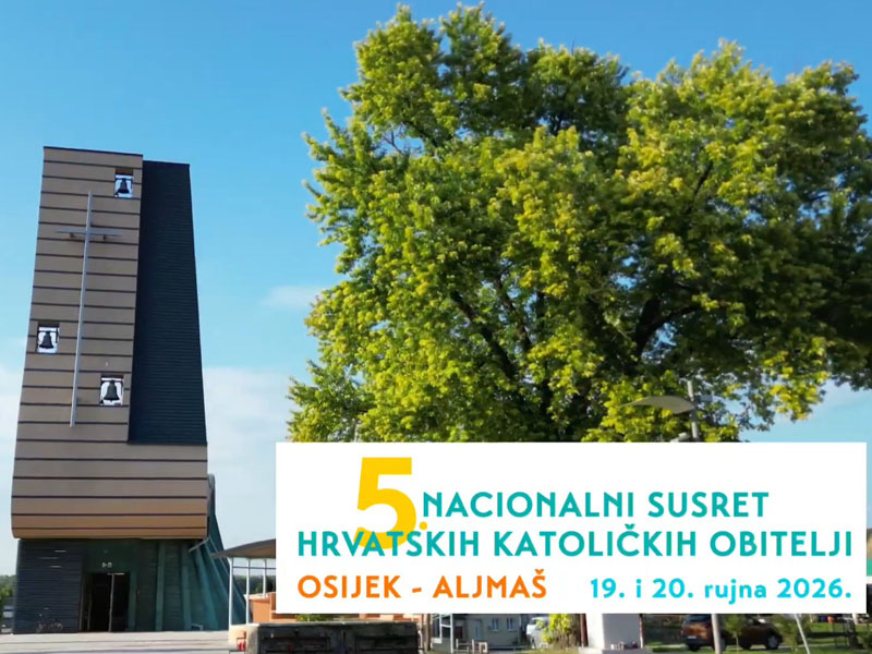 Banner for the 5th National Meeting of Croatian Catholic Families in Osijek–Almaš, Sept. 19–20, 2026, beside a bell tower and a large tree.