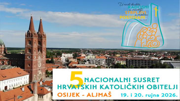Banner announcing 5. Nacionalni susret hrvatskih katoličkih obitelji, Osijek &mdash; 19. i 20. rujna 2026, with a city skyline and a blue beaker logo showing the digestive system.