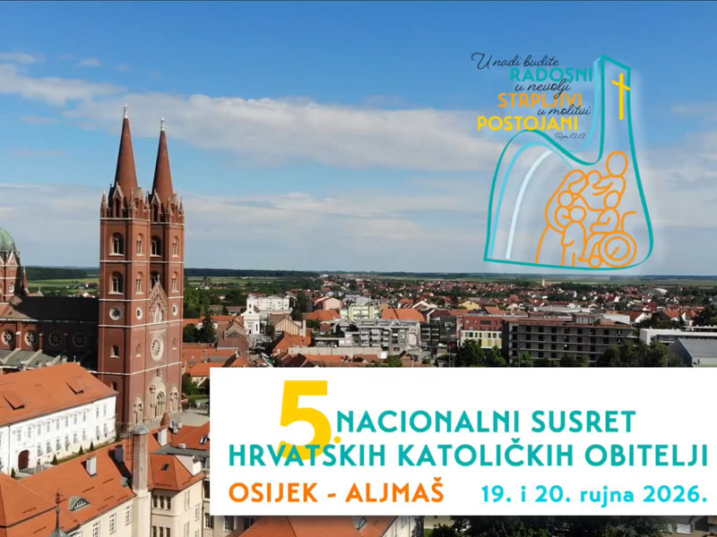 Aerial view of Osijek with red-tiled roofs and a church, overlaid with a banner announcing the 5th National Meeting of Croatian Catholic Families in Osijek–Aljmaš, Sept 19–20, 2026.
