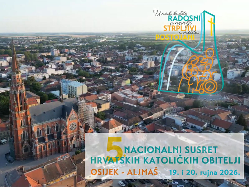 Aerial view of Osijek with a large red-brick cathedral; overlay graphic of a family and cross, plus the Croatian Catholic Families event title and dates (Osijek–Aljmaš, Sept 19–20, 2026).