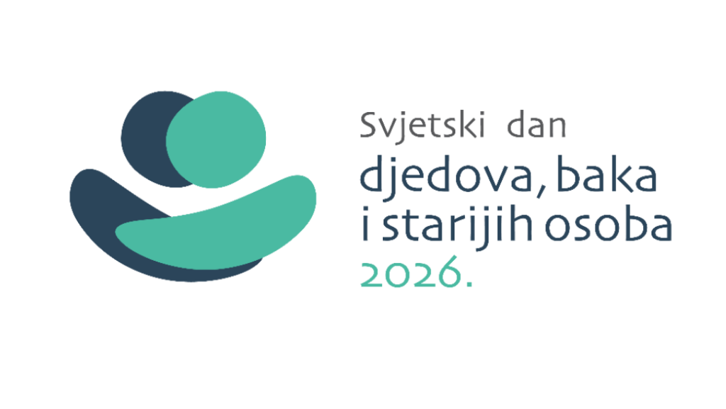 Logo for Svjetski dan djedova, baka i starijih osoba 2026, with abstract teal and navy shapes forming a hug beneath the text.